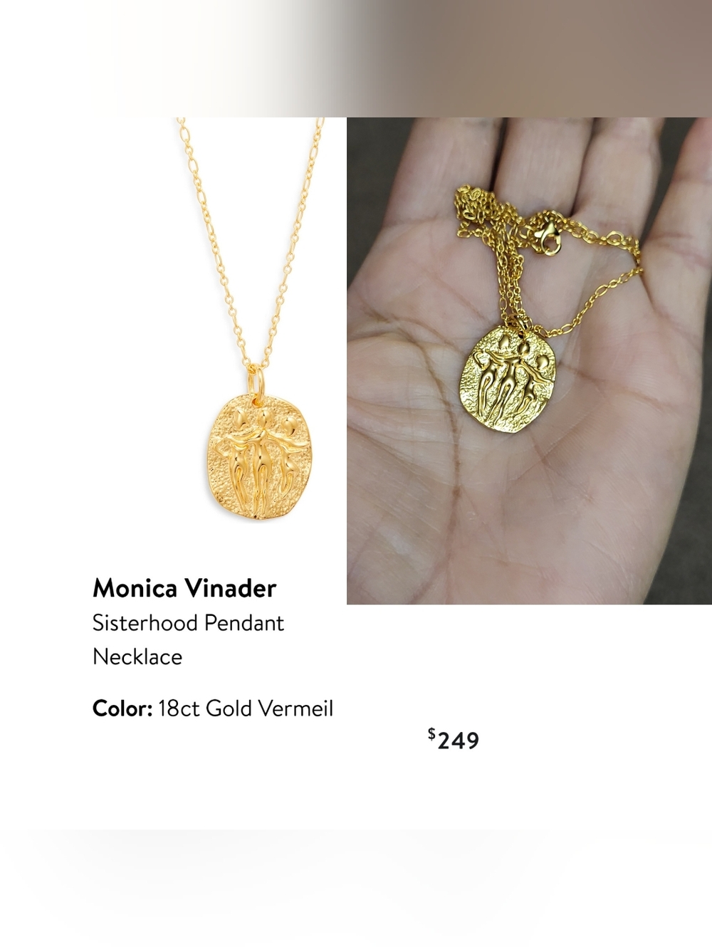 Monica Vinader Gold Vermeil Sisterhood Pendant Necklace. #013